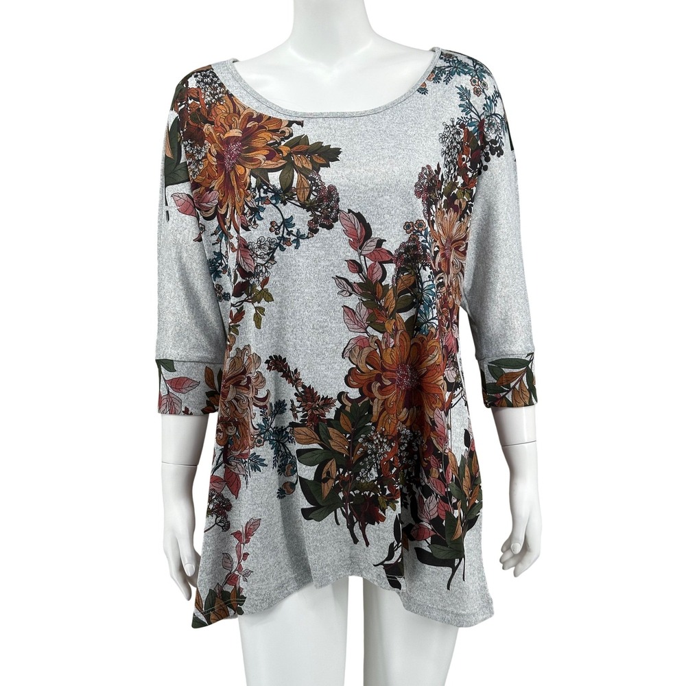 One‎ World Top Womens 1X Gray Floral Boho 3/4 Sleeve Stretch Knit Pullover Fall